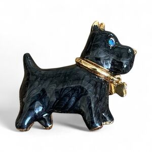 AAI Vintage Scottish Terrier Brooch, Black Enamel, Rhinestone Bow.
